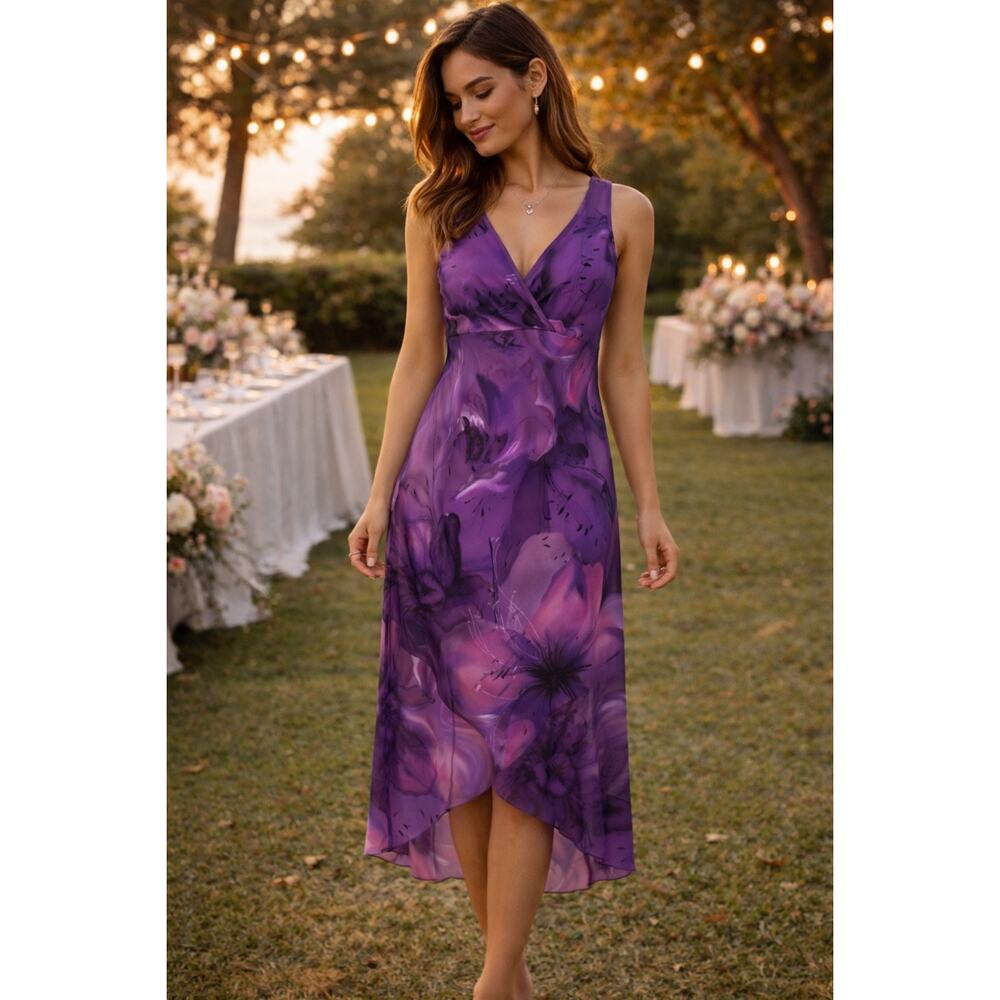 My Michelle Purple Floral Midi Dress 5/6 Y2K Sheer Overlay Dainty Coquette